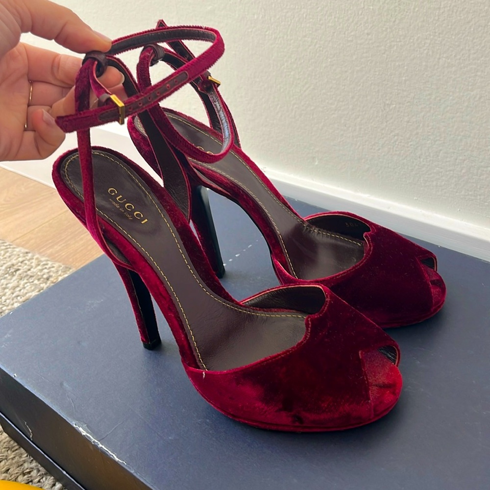 Gucci Burgundy Velvet Peep Toe 5.5” Heels